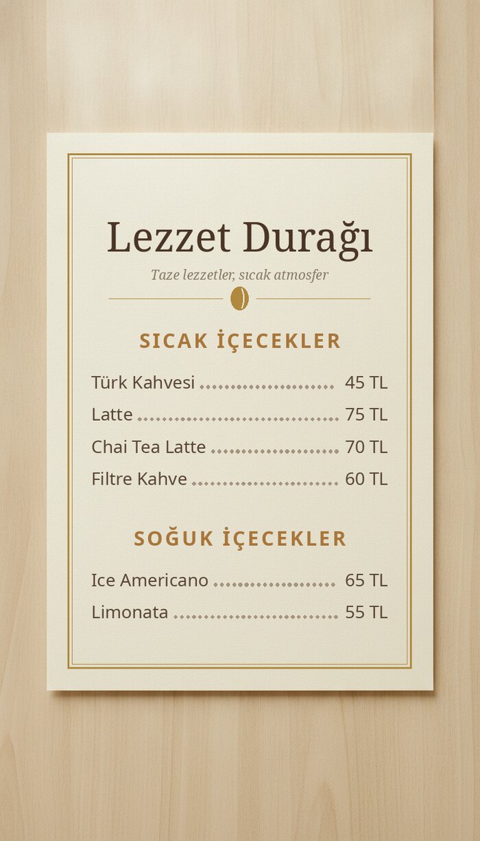 Lezzet Durağı kağıt menü örneği
